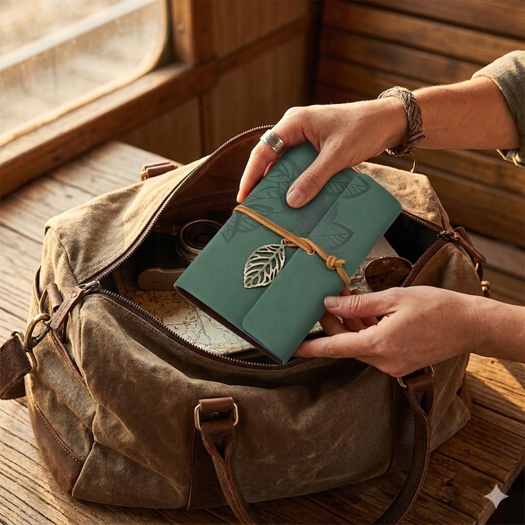 EvZ 5 Inch Mini Vintage Leather Journal, Pocket Size Refillable Loose Leaf Notebook, Retro Dark Green PU Cover with Metal Leaf Pendant, Blank Kraft Paper Small Travel Diary & Sketchbook