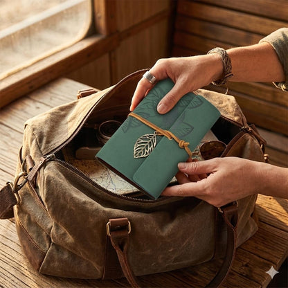 EvZ 5 Inch Mini Vintage Leather Journal, Pocket Size Refillable Loose Leaf Notebook, Retro Dark Green PU Cover with Metal Leaf Pendant, Blank Kraft Paper Small Travel Diary & Sketchbook