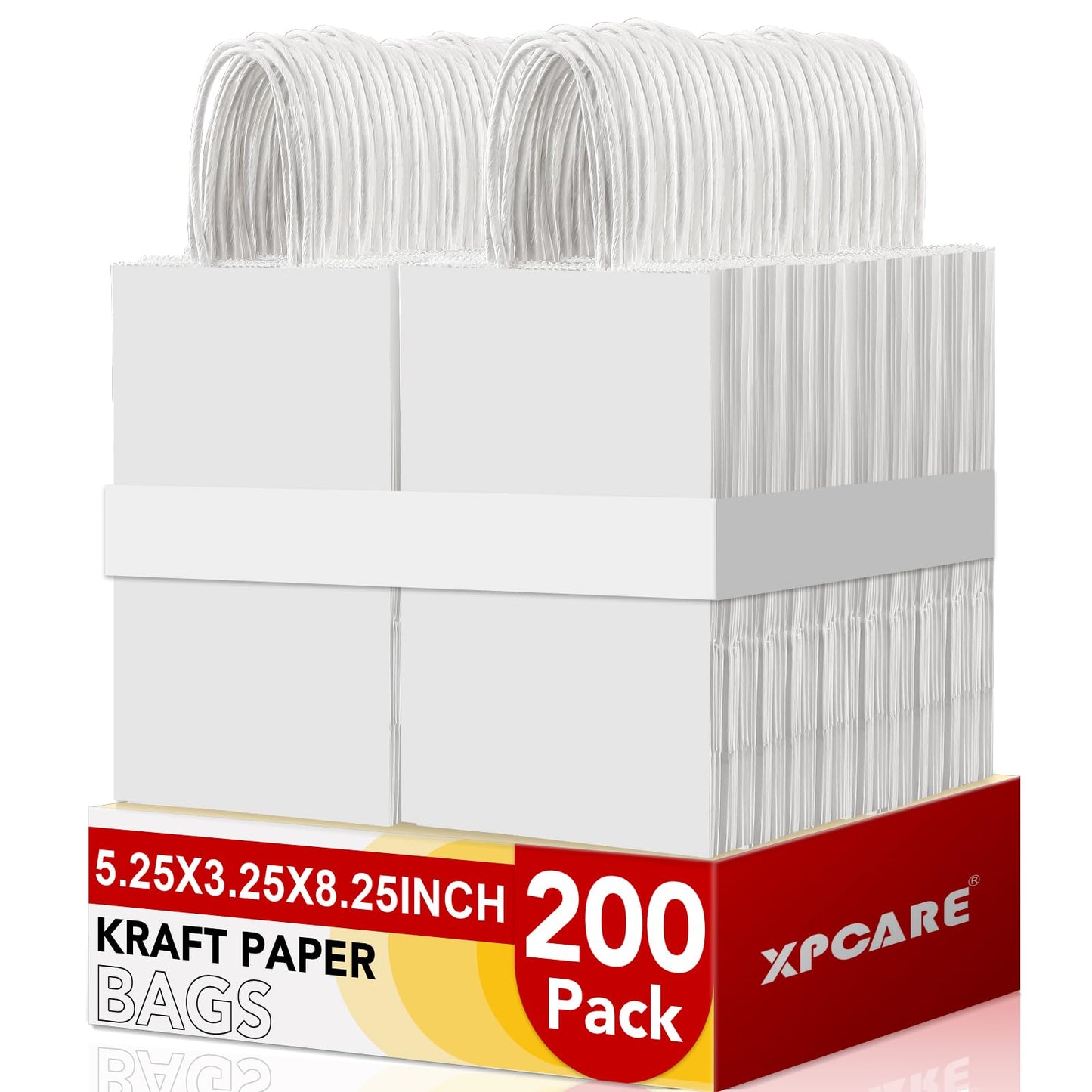 XPCARE 200Pcs Paper Gift Bags 5.25x3.25x8.25'', Gift Wrap Bags with Handles White Kraft Paper Bags for Small Business Paper Bags Bulk for Birthday Party Favors Shopping Retail