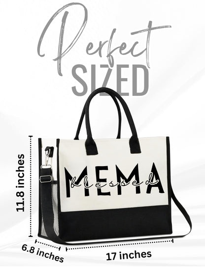 InnoBeta Mema Gifts for Grandma, Canvas Tote Bag on Christmas or Birthday & Mother's Day, Tote with Top Zipper Closure and Shoulder Strap - Blessed Mema