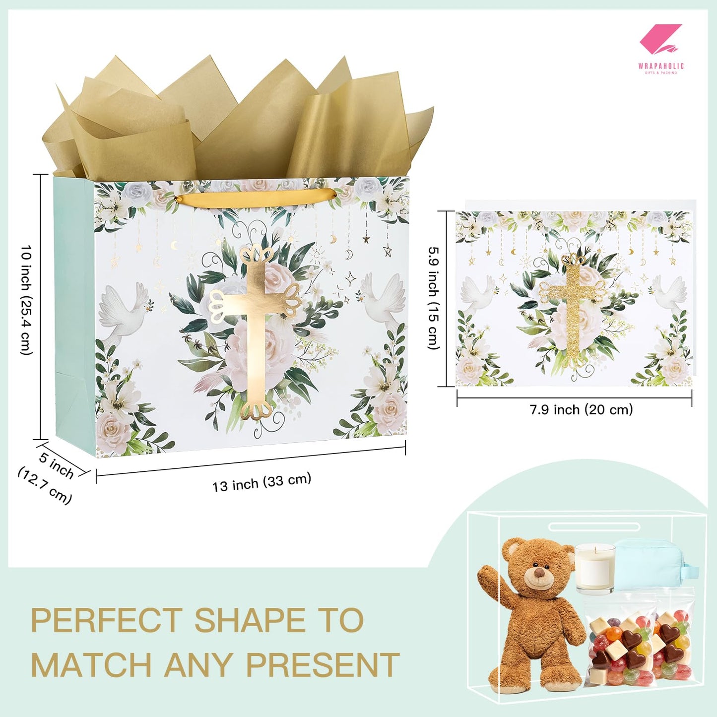 WRAPAHOLIC 13" Large Religious Gift Bag with Card and Tissue Paper - Gold Foil Floral Cross Design for First Communion, Easter, Baby Baptisms, Christenings