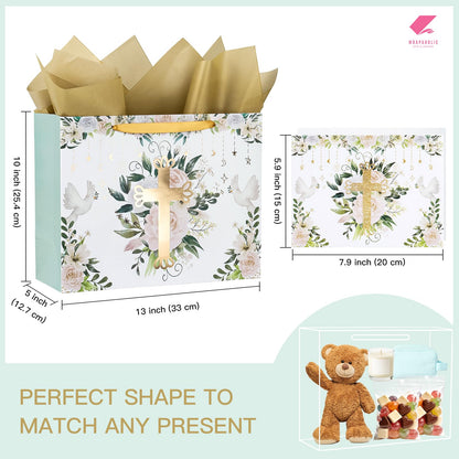 WRAPAHOLIC 13" Large Religious Gift Bag with Card and Tissue Paper - Gold Foil Floral Cross Design for First Communion, Easter, Baby Baptisms, Christenings