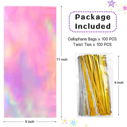 Ohuimrt 5x11 Inches Iridescent Cellophane Treat Bags with Ties, 100 PCS Small Plastic Holographic Goodie Bags for Candies, Snacks, Popcorn, Small Gifts and Party Favor