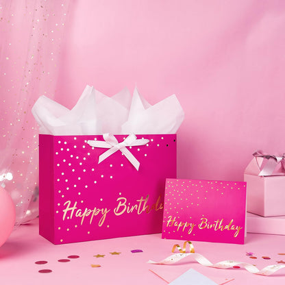 WRAPAHOLIC 13" Hot Pink Birthday Gift Bags with Tissue Paper and Card - Pink and Gold Foil Dots Bags for Girls Women Birthday Party Supplies