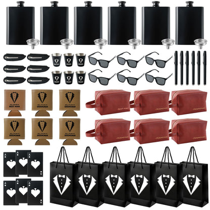 60 Pcs Groomsmen Proposal Gifts Set of 6 – Gift Bags with Shot Glasses Sunglasses PU Leather Toiletry Bag Bottle Opener Combs Coasters for Wedding Groomsman Best Man Bachelor Party