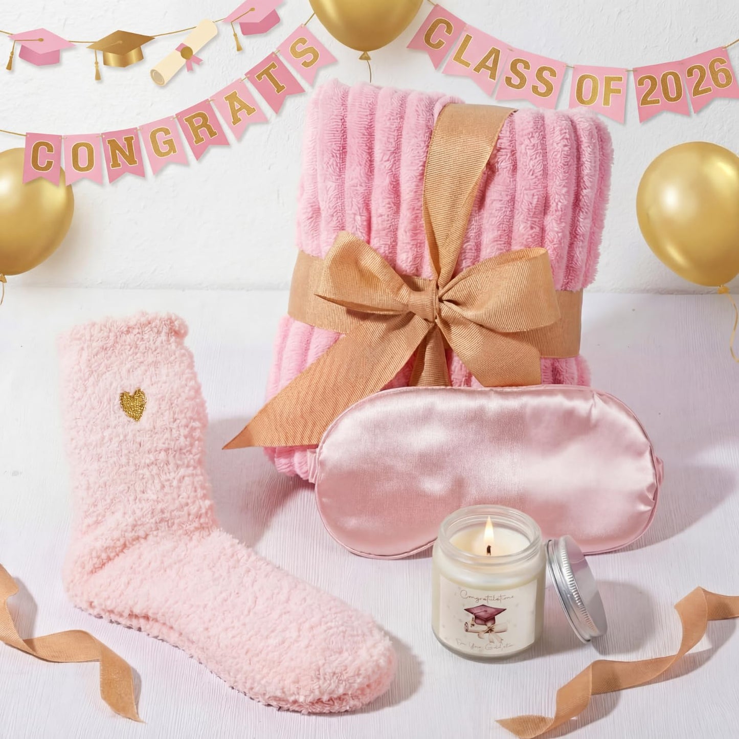 Patelai Pink Graduation Gift Basket Set for Her 2026, with Tumbler Blanket Candle Socks Bracelet Eye Mask Card, High School College Masters Degree Graduation Gifts for Friend Daughter Niece