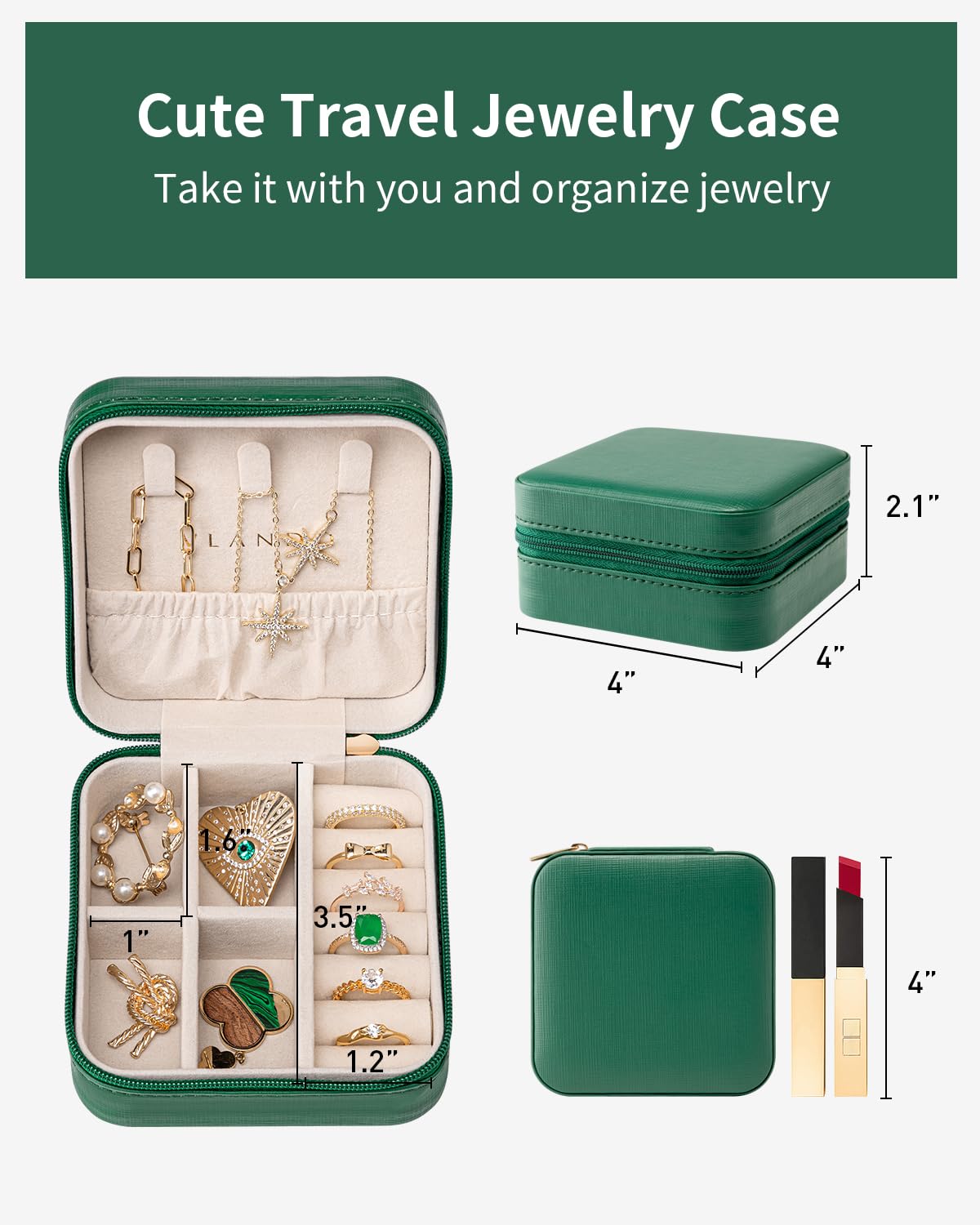 VLANDO Small Travel Jewelry Box Organizer - Girls Women Gift Rings Earrings Necklaces Jewelry Storage Display Case Dark Green