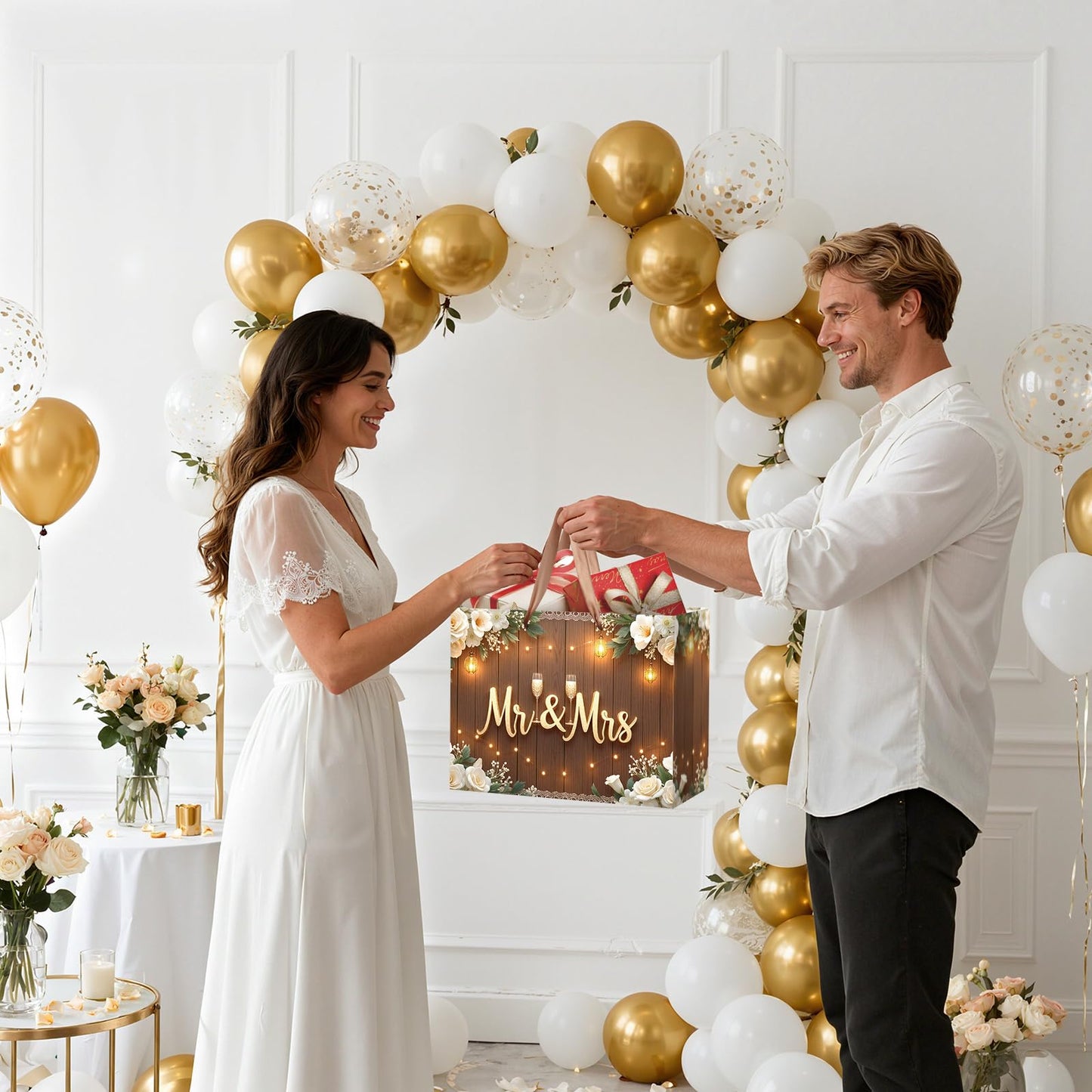 Wedding Gift Bags Mr and Mrs Engagement Gift Bags Elegant Bridal Shower Gifts Bag With Tissue Paper Greeting Card Wedding Wrapping Paper Party Favor Bag for Mr&Mrs Engagement Party Supplies Decor