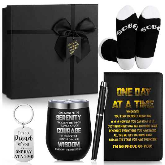 Reallnaive 6 Pcs Sobriety Gifts for Men Women Addiction Recovery Sober Encouragement Gifts 12 oz Stainless Steel Cup Socks Keychain Pen Notebook Box for AA NA Alcoholics Addiction Sober Milestone