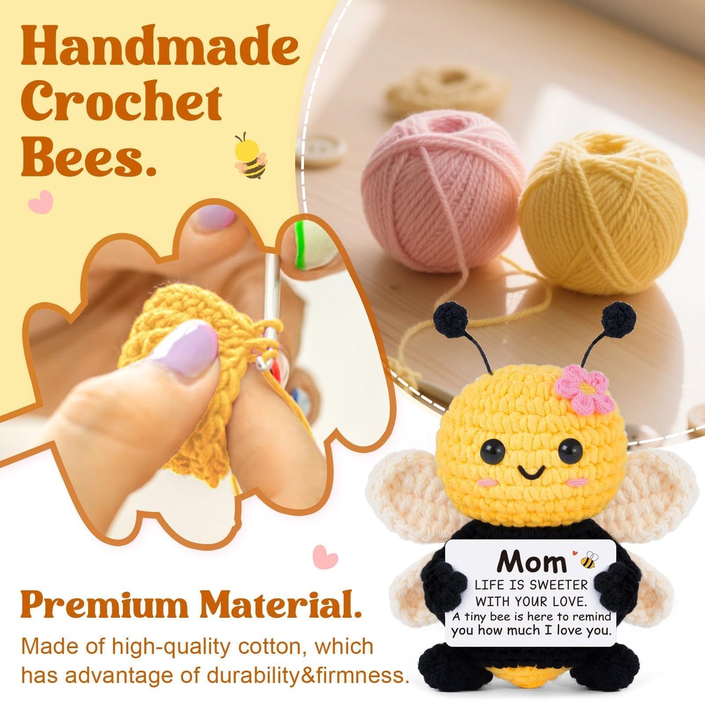 Gifts for Mom from Daughter Son, Mom Birthday Gifts - Cute Handmade Crochet Bee - Birthday Valentines Mothers Day Christmas Bonus Step Mother In Law, I Love You Mama Present, Emotional Support Decor