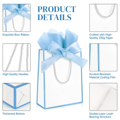 Ethhqu 12 Pack Small Gift Bags with Handles Include Tissue Papers & Cards, 9x7x3.15'' Thank You Gift Bags for Birthday, Baby Shower, Wedding, Bridesmaids, Anniversary, Mother’s Day (White and Blue)