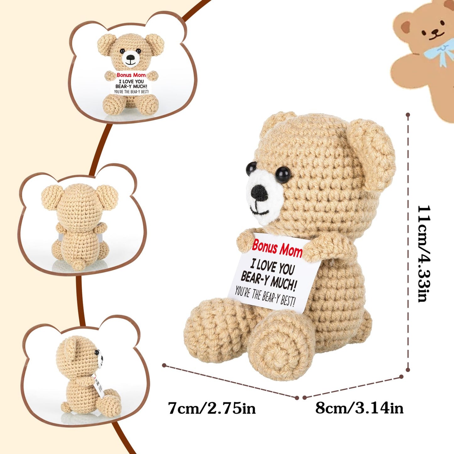 WELLBANEE Mother Gift Bonus Mom, Handmade Crochet Bear for Sentimental Mothers Day Birthday Present for Stepmom, Appreciation Keepsake for The Best Bonus Mom Ever, Small Desk or Shelf Décor Bear