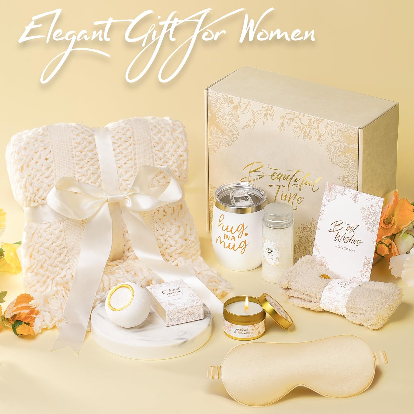 Mothers Day Gifts for Mom Women, Self Care Gift Basket with Knitted Fringe Throw Blanket - Get Well Soon Birthday Care Package for Wife Grandma Her Friend Sister