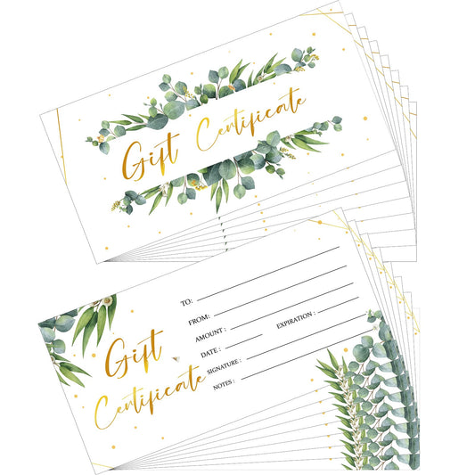 Chuangdi 100 Pcs Gift Certificate for Business Eucalyptus Blank Gift Certificate Cards Gold Foil Present Postcard Double-sided Customer Client Voucher Card for Wedding Birthday Beauty Salon Spa
