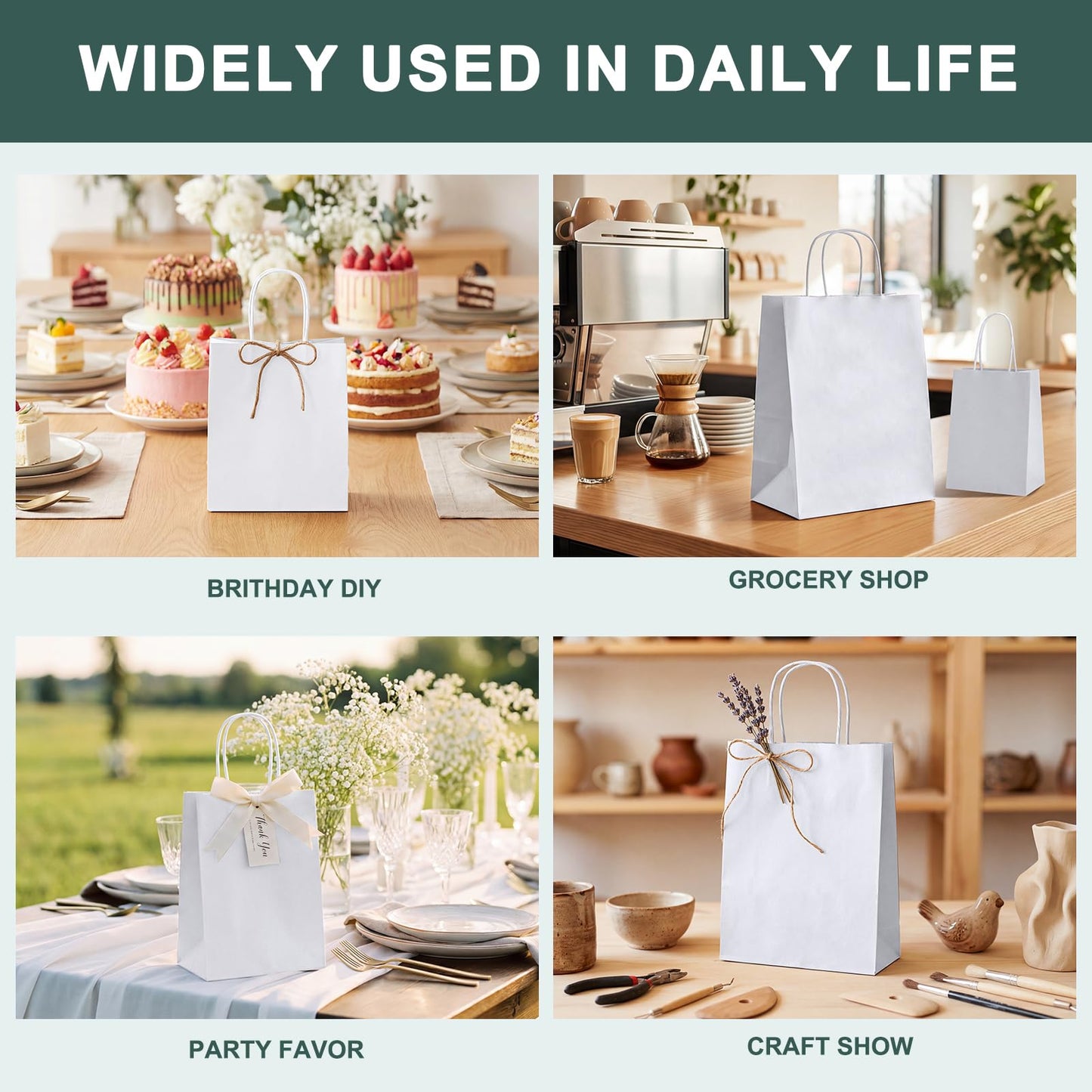 METRONIC White Paper Bags 8X4.25X10.5 20Pcs, Gift Wrap Bags with Handles, Kraft Paper Bag for Small Business, Heavy Duty Bulk Bag for Birthday Party Favors, Shopping,Take-out,Retail