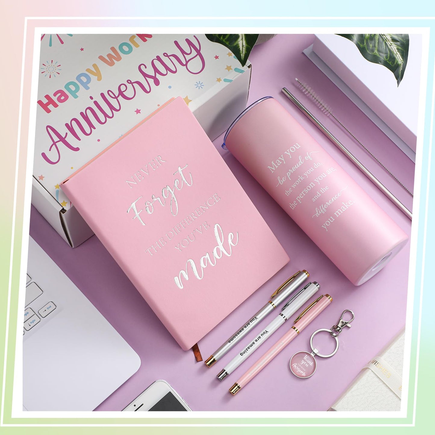 Geiserailie 7 Pcs Workiversary Gifts for Women Employee Appreciation Gift Thank You Gifts Workiversary Box Include 20oz Tumbler Notebook 3 Pens and Keychain for Office Coworker Employee(Pink)