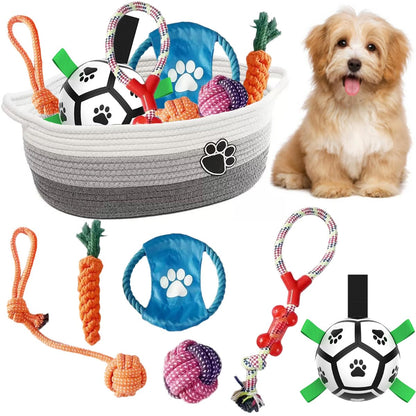 7 Pcs Puppy Dog Toys Storage Basket Set Dog Gift Chew Toys for Teething Squeaky Plush Duck Rope Woven Basket with Handles for Small Puppy
