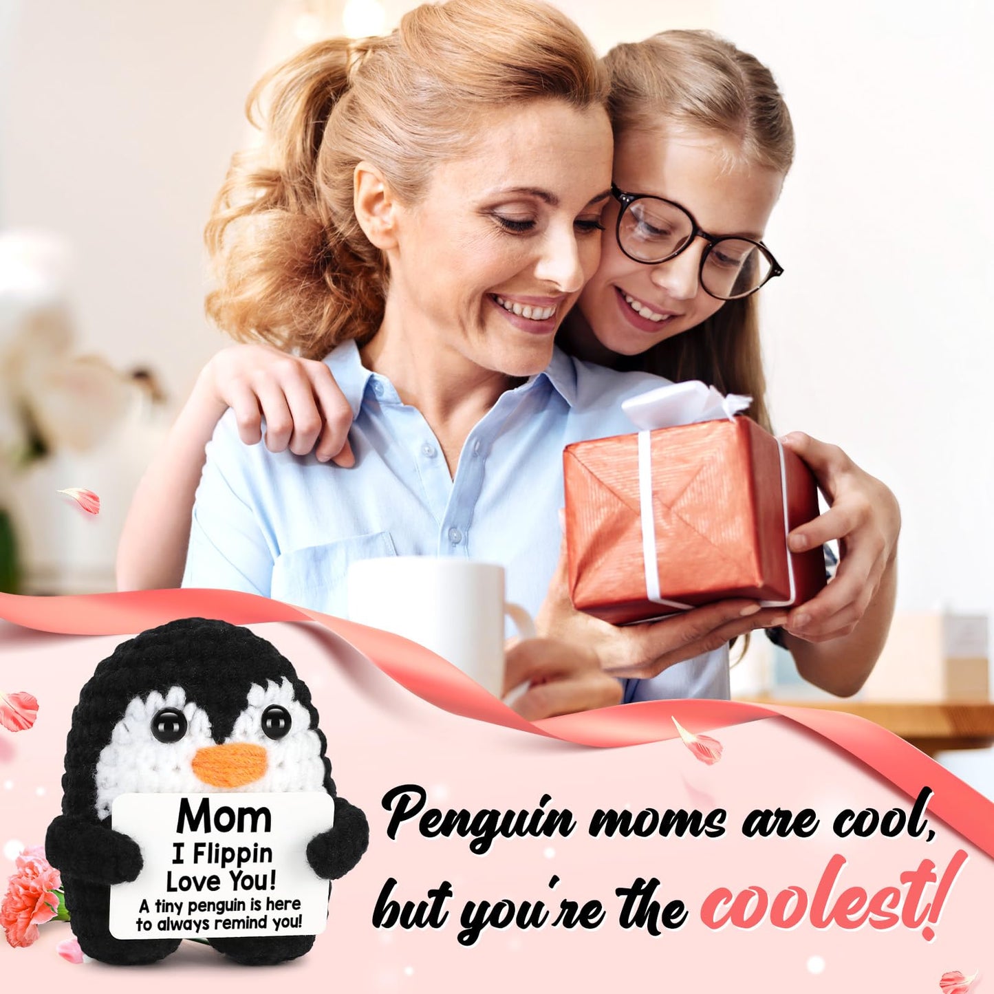 Mothers Day Birthday Gifts for Mom from Daughter Son, Handmade Crochet Mini Penguin Mom Gifts for Mother‘s Day Birthday Mama Mommy Mother in Law Bonus Step, Funny I Love You Moms Small Cute Decor