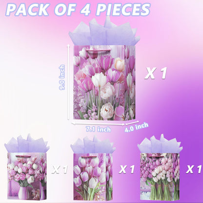 OFIHANLY 4 Pack 9" Small Size Floral Gift Bag with Handles for Women Birthday Purple Tulip Paper Gift Wrap Bags with Tissue Paper for Happy Mother's Day, New Mom, Grandma
