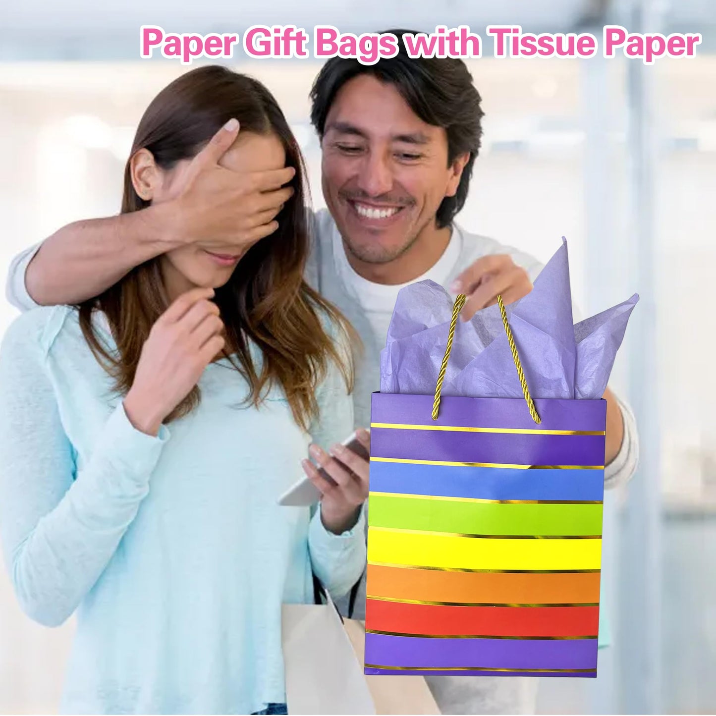MUMULULU 5 Pack Paper Gift Bags with Handle and Tissue Paper Birthday Gift Bags Rainbow Bag for Birthday Party Baby Shower Wedding Holiday Presents