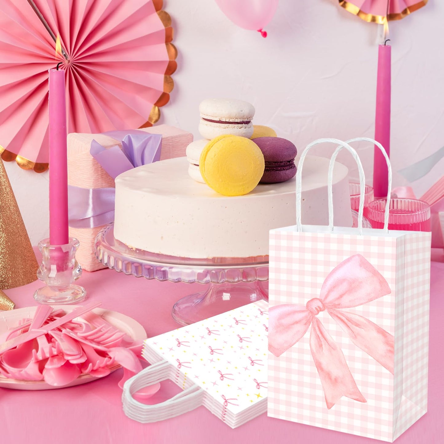MUZRUYOU Pink Bow Goodie Bags 16 Pcs - Pink Gift Favor Bags with Handles for Birthday Party, Baby Shower, Bridal Shower, Bachelorette Supplies Coquette Theme