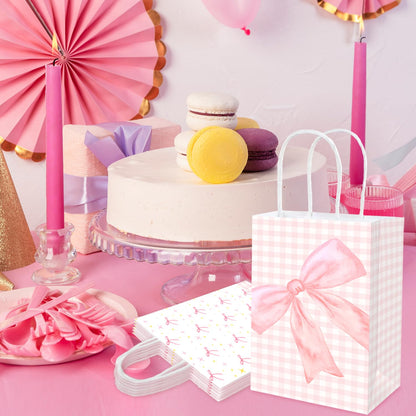 MUZRUYOU Pink Bow Goodie Bags 16 Pcs - Pink Gift Favor Bags with Handles for Birthday Party, Baby Shower, Bridal Shower, Bachelorette Supplies Coquette Theme
