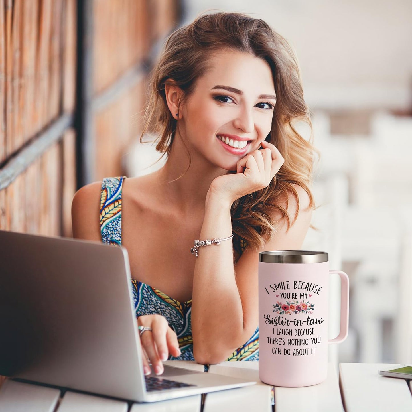 Lifecapido Sister in Law Gifts, I Smile Because You’re My Sister in Law 20oz Insulated Coffee Mug with Keychain, Birthday Christmas Mothers Day Gifts, Rose Quartz