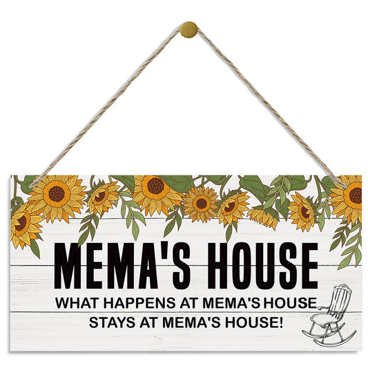 Mema's House Sunflower Wooden Hanging Plaque for Mom Garden, Rustic Farmhouse Outdoor Indoor Wall Decor Gift for Mother’s Day, Front Porch Yard Fence Door Sign, Cute Mema's House Hanging Sign
