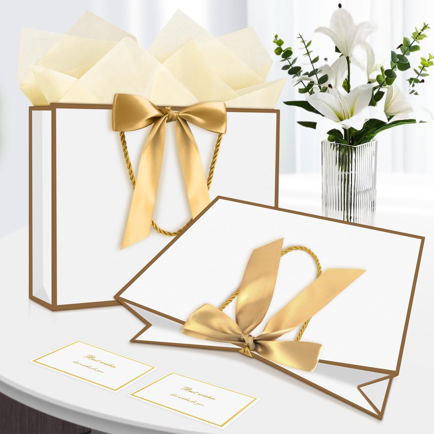 YoungTree Gift Bags with Handles, 13" Medium Gift Bag with 2 Tissue Paper and 1 Card, Present Bag for Graduation Wedding Baby Shower Bridal Shower Birthday Party Supplies (White-Gold)
