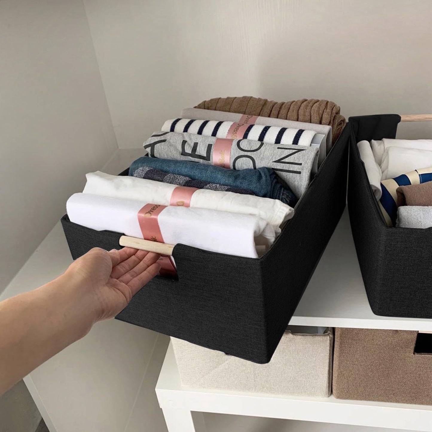 xianshengle Fabric Storage Basket for Shelves, Collapsible Storage Bins with wood Handles, Rectangle Closet Baskets, Wardrobe Organiser, for Sorting Clothes, Family Items (Black) (1)