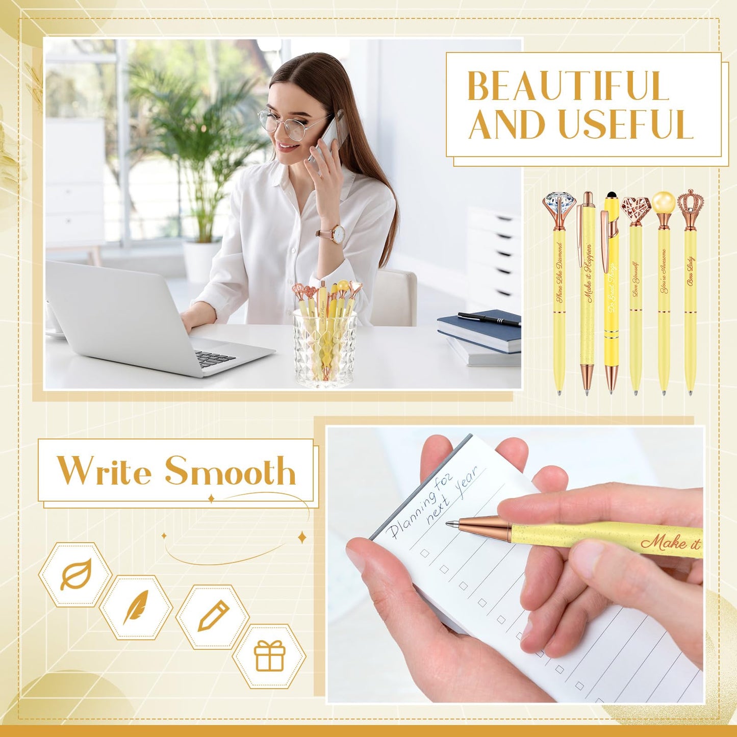 Qeeenar 6 Pcs Fancy Pens for Women Crystal Diamond Pen for Journaling Pretty Glitter Ballpoint with Box Inspirational Gifts for Women Girls College Students Cute Back to School Gifts(Yellow)