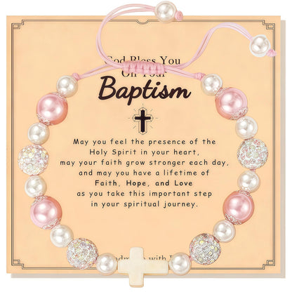 Baptism Gifts for Girl, Cross Pearl Bracelet for Christening First Communion Confirmation, Religious Christian Jewelry Keepsake for Kids Goddaughter Daughter Granddaughter Niece Sister