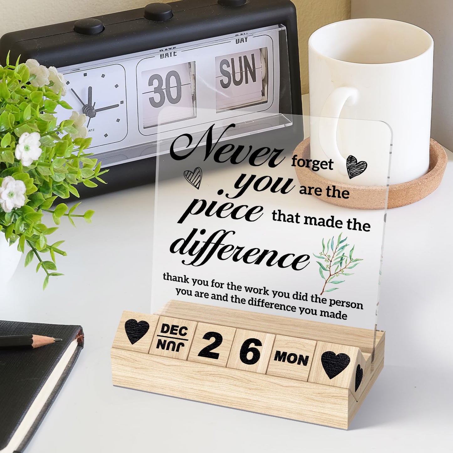 Thank You Gifts-Wooden Block Calendar Acrylic Sign-Appreciation Gifts for Women Men Friends, Going Away Retirement Desk Decor for Coworker Boss for Office Desk Calendar