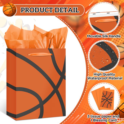 Basketball Party Gift Bag Orange Basketball Gift Wrap Bags with Tissue Paper Greeting Card Decorations for Sport Party Favor Basketball Birthday Goodie Gifts Wrapping Bags for Boys Teens Team Supplies