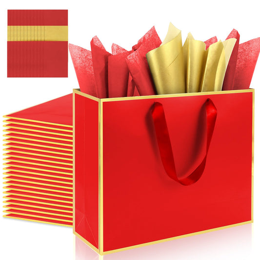 Addblu 12 Pack Large Gift Bags with Handles - Includes 36 Tissue Papers, 11.8x10x4 Inches for Thank You, Wedding, Bridesmaid, Christmas, Birthday, Party Five Senses Gifts (Red and Gold Trim, 12Pcs)