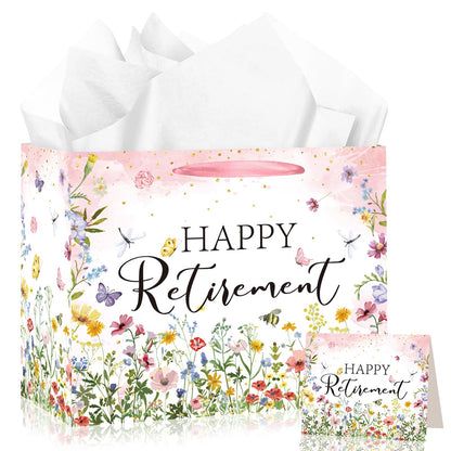 Wildflower Retirement Gift Bag for Women, Retired Gift Bag with Tissue Paper and Card Happy Retirement Gift Wrapping Paper Retired Gifts for Women Farewell Going Away Party Favor Bags Supplies