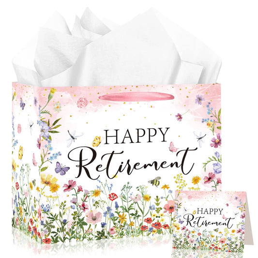 Wildflower Retirement Gift Bag for Women, Retired Gift Bag with Tissue Paper and Card Happy Retirement Gift Wrapping Paper Retired Gifts for Women Farewell Going Away Party Favor Bags Supplies