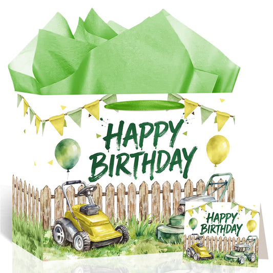 TagreSpike Lawn Mower Birthday Gift Bag for Boys with Tissue Paper & Card Green Tractor Yard Work Theme Gift Wrapping Bag - Cute Outdoor Landscaping Party Supplies for Toddler Son Grandson