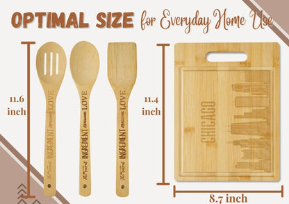 Chicago City Skyline Gifts Bamboo Cutting Board with Wooden Spoon Chicago Lovers, Skyline Map Kitchen Gift for Christmas, Mother's Day - 11.4 x 8.6