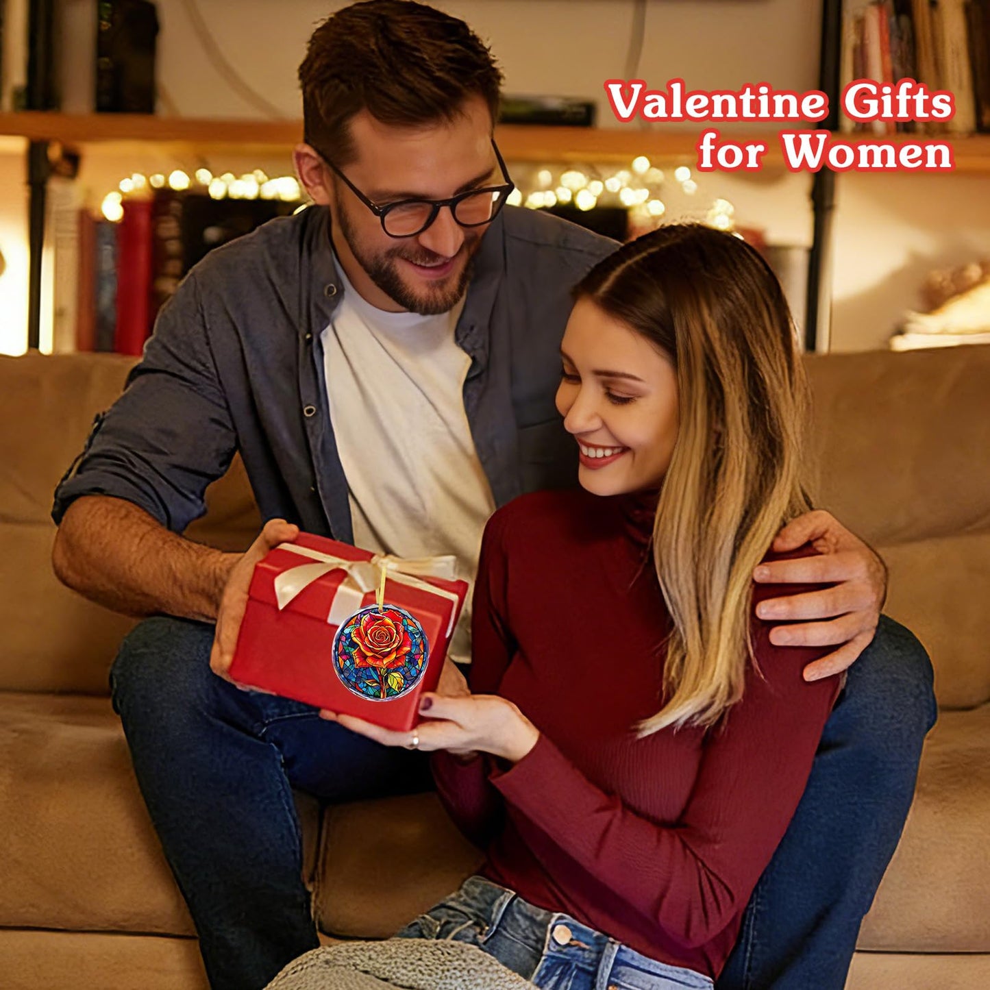 FLYAB Red Rose Valentines Day Gifts for Girlfriend Her Wife Women - Flower Valentine Ornaments for Tree Deorations, Glass Red Rose Window Suncatcher, Anniversary Wedding Gifts