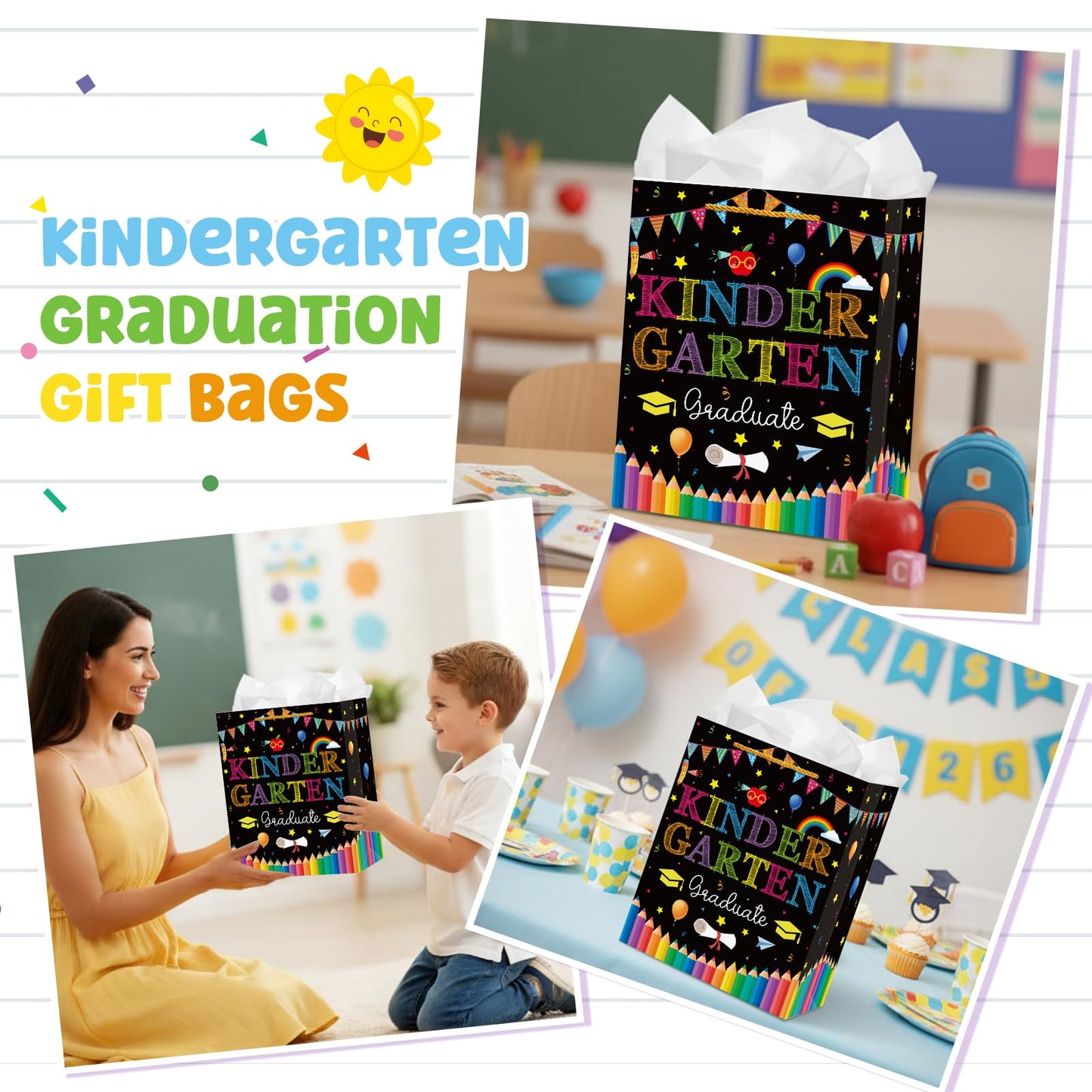 WhatSign Kindergarten Graduation Gift Bags - Graduation Bags for Kids 11.5" Medium Preschool Pre K Gift Bag with Tissue Paper and Handle Party Favor Bag for Boys Girls