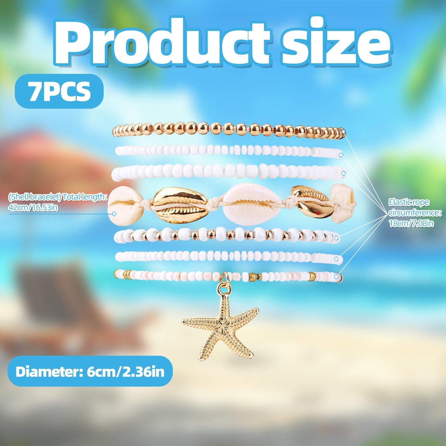 Mikovivi 7pcs Summer Beach Bracelets for Women, Stackable Shell Seashell Starfish Beaded Surfer Bracelets Set Boho Seaside Holiday Vacation Party Friendship Jewelry Gift
