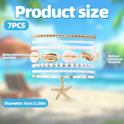 Mikovivi 7pcs Summer Beach Bracelets for Women, Stackable Shell Seashell Starfish Beaded Surfer Bracelets Set Boho Seaside Holiday Vacation Party Friendship Jewelry Gift