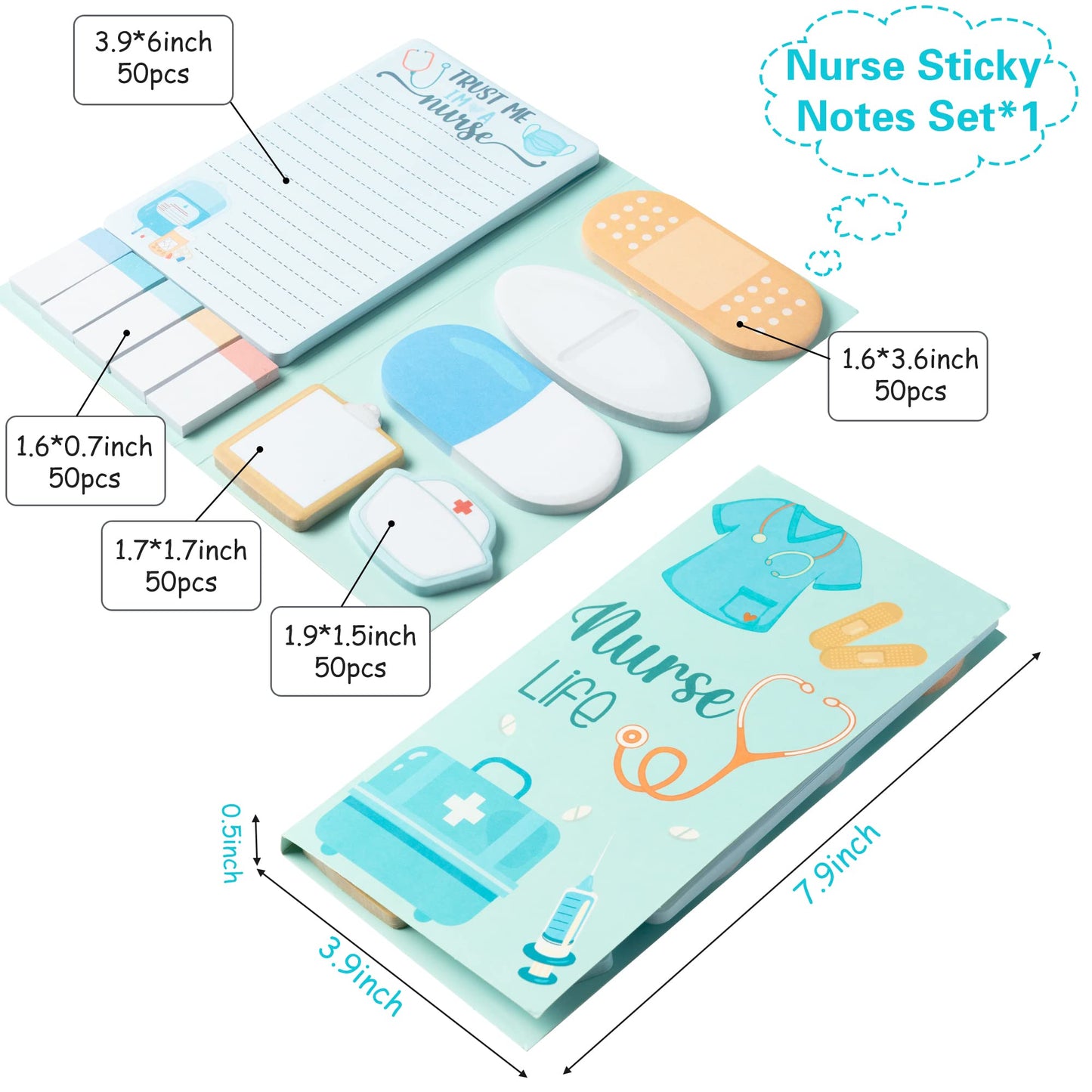 Xqumoi Nurse Sticky Notes Set, 550 Sheets, Cute Cartoon Medical Supplies Self-Stick Notes Pads Bundle Writing Memo Pads for Nursing Student Essentials Hospital Back to School Nurse Supplies Gift