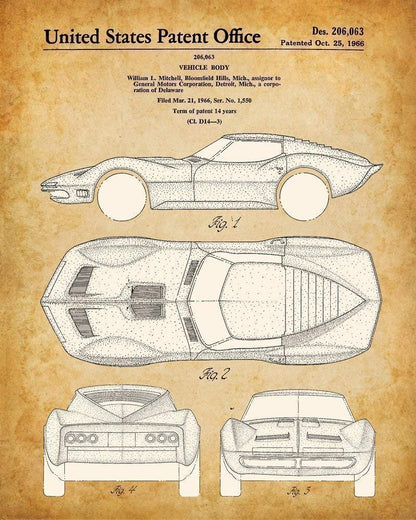 Original Corvette Patent Art Prints - Set of Four Photos (8x10) Unframed - Makes a Great Man Cave Decor and Gift Under $20 for Corvette Owners and Car Enthusiasts