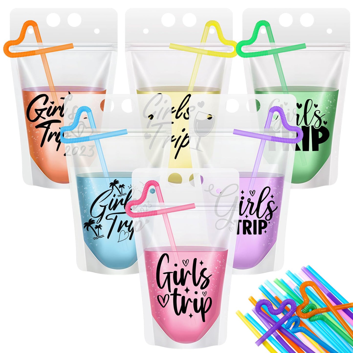 Seematn 24 Sets Girls Trip Drink Pouch Bags with Straws, Girls Weekend Getaway Drink Holders Reusable Travel Juice Bag for Sister Auntie Friends Besties Vacation