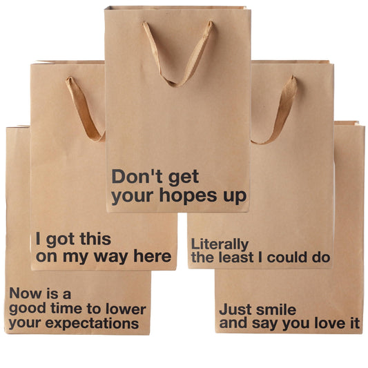 MilkToast Brands Funny Gift Bags, 11" x 8" x 4" Size, Set of 5 Colored Kraft Paper Bags with Sarcastic Phrases for Mothers Day, Fathers Day,White Elephant Gifts, Christmas, Birthdays, Office Parties