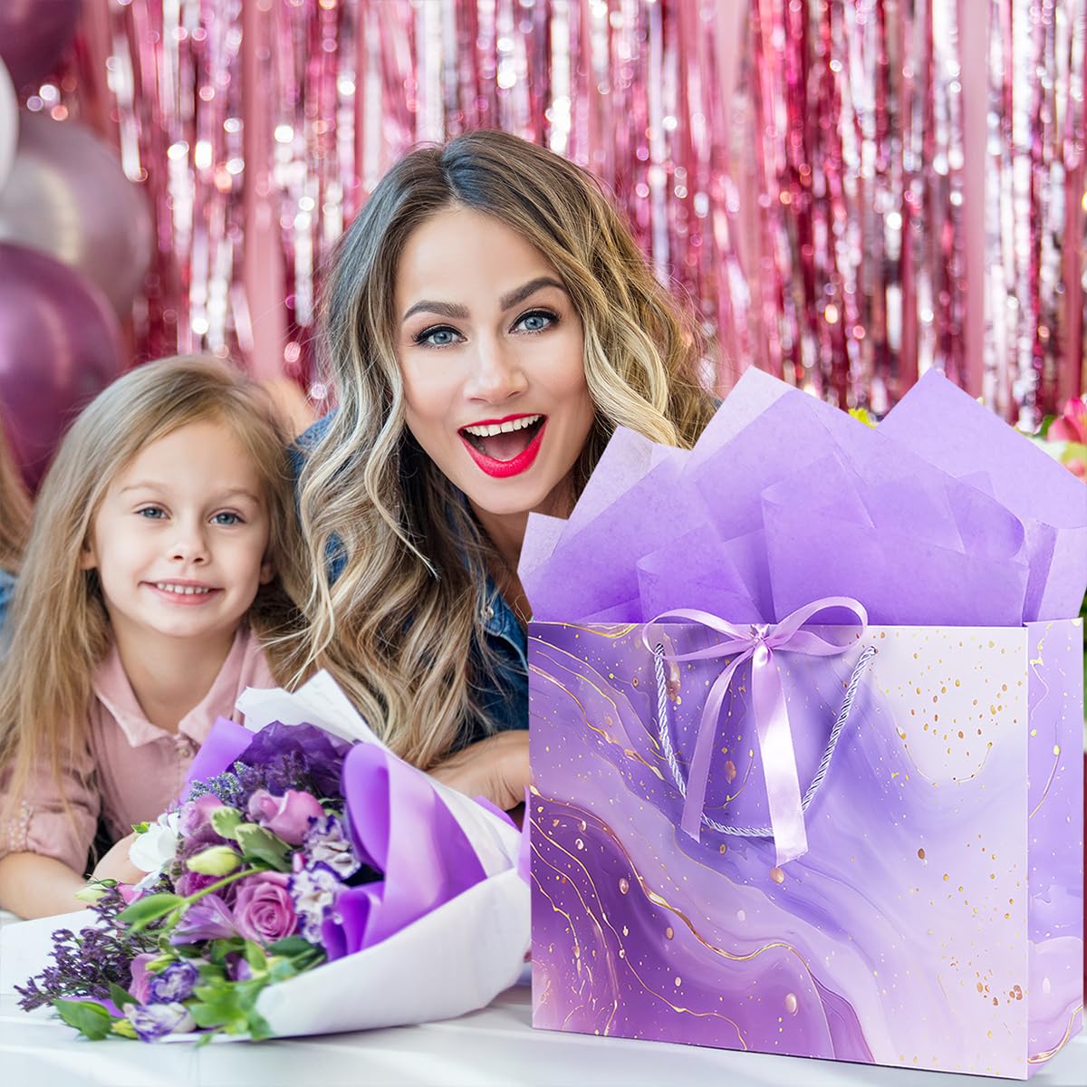 Purple Gift Bags, 2PCS 13” Large Gift Bags with Tissue Paper and Greeting Cards, Gift Bag with Handles Bow for Women Girls, Purple Gift Bags for Birthday Wedding Bridal Baby Shower Anniversaries