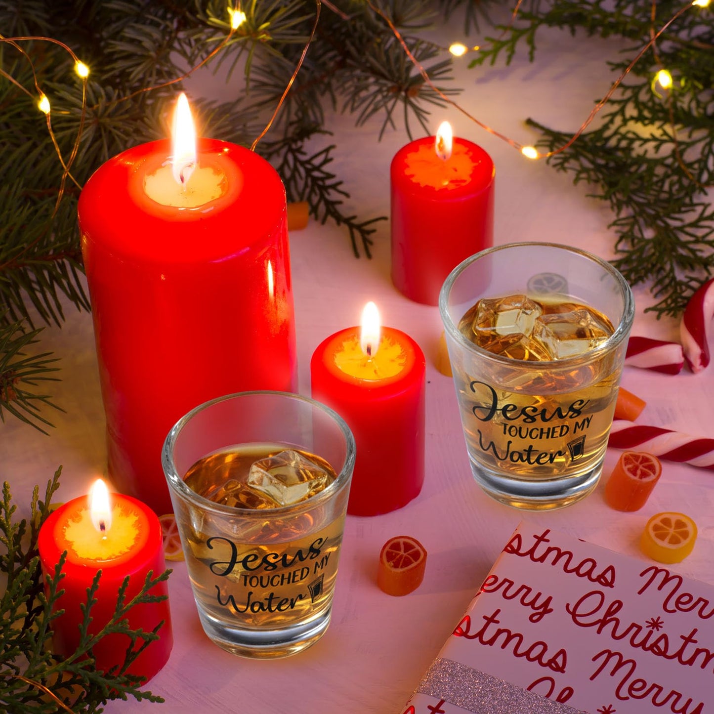 Patelai 2 Pcs jesus Touched My Water Funny Glass Gift for Christmas, Present for Family, Friends, Church Members, Xmas Party 2 oz (2.36 x 1.97 Inch)