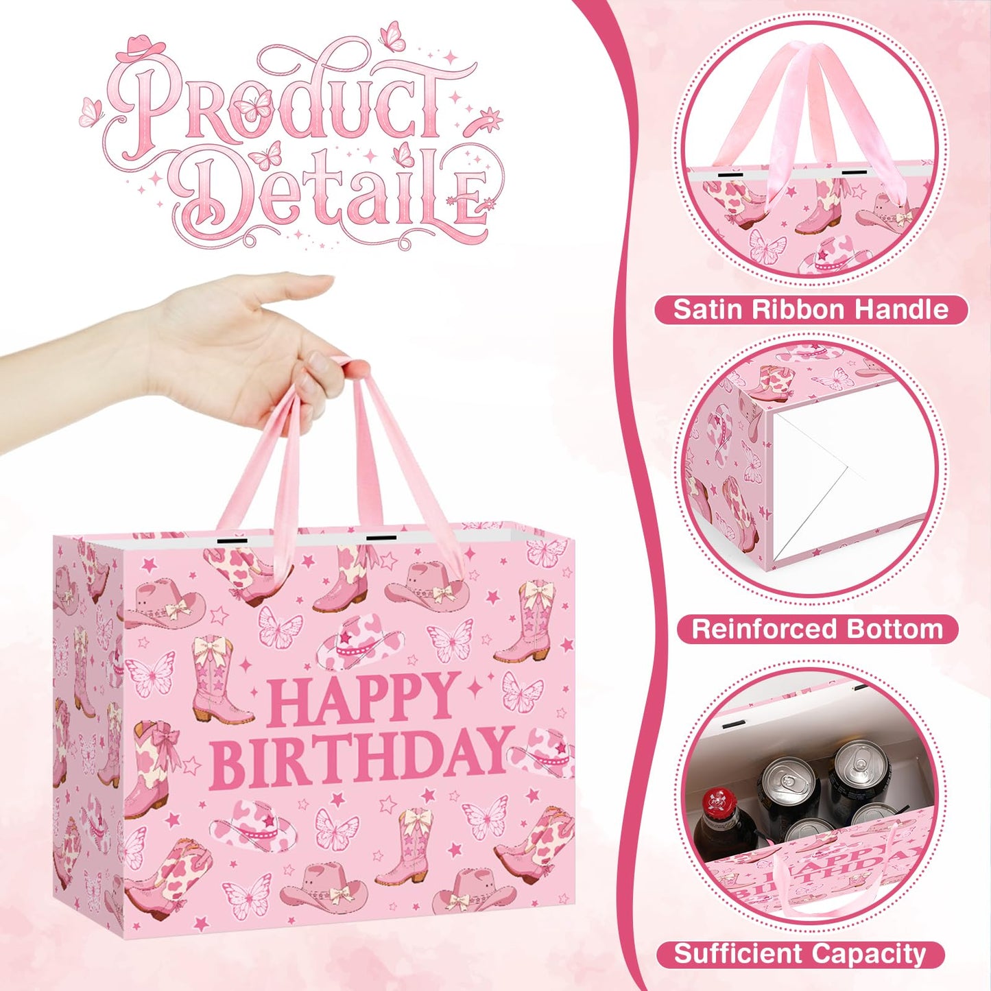 TagreSpike Cowgirl Birthday Gift Bag, Western Bow Happy Birthday Wrapping Bag with Tissue Paper and Card Coquette Bow Boots Treat Bags for Girls Rodeo Birthday Party Supplies - Pink Cow Print Boots